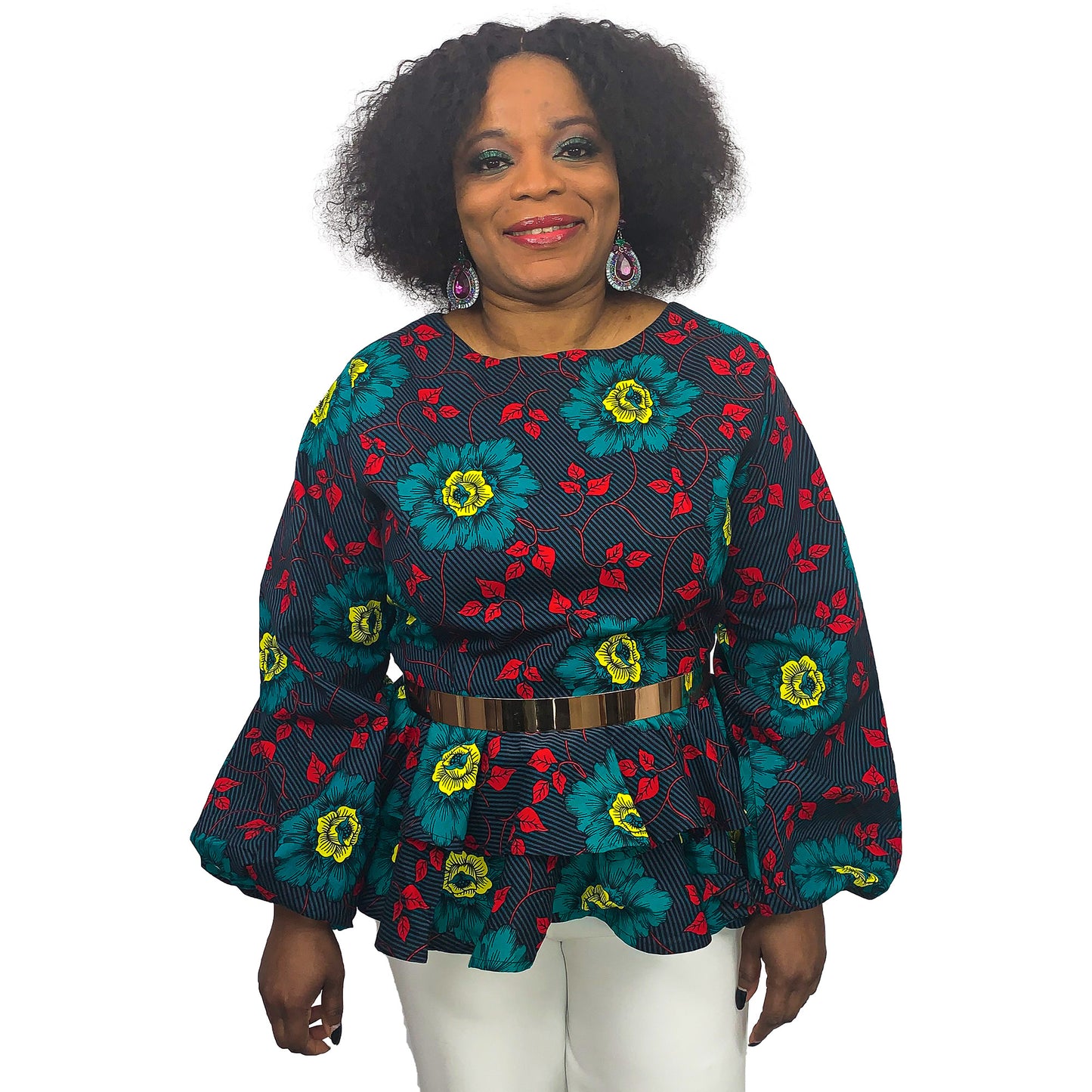 AISHA AFRICAN PRINT PEPLUM BLOUSE WITH LONG PUFF SLEEVE - House of Jahzara