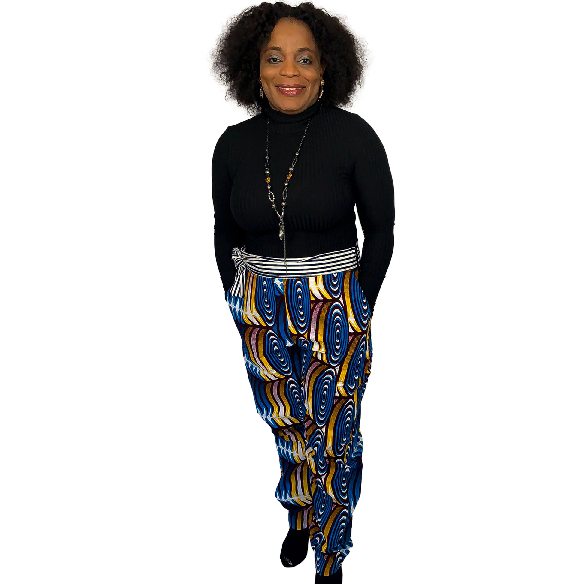 NAYO ANKARA PRINT PANT WITH  ATTACHABLE BLACK AND WHITE  STRIPE BELT - House of Jahzara