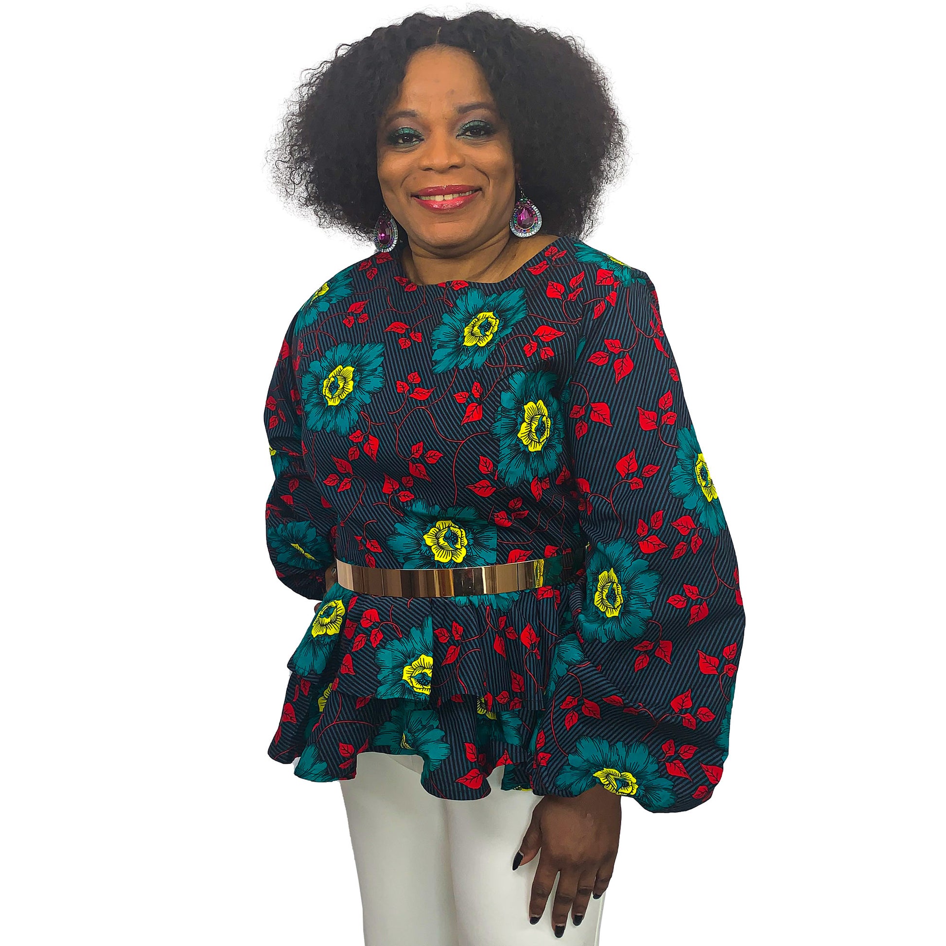 AISHA AFRICAN PRINT PEPLUM BLOUSE WITH LONG PUFF SLEEVE - House of Jahzara