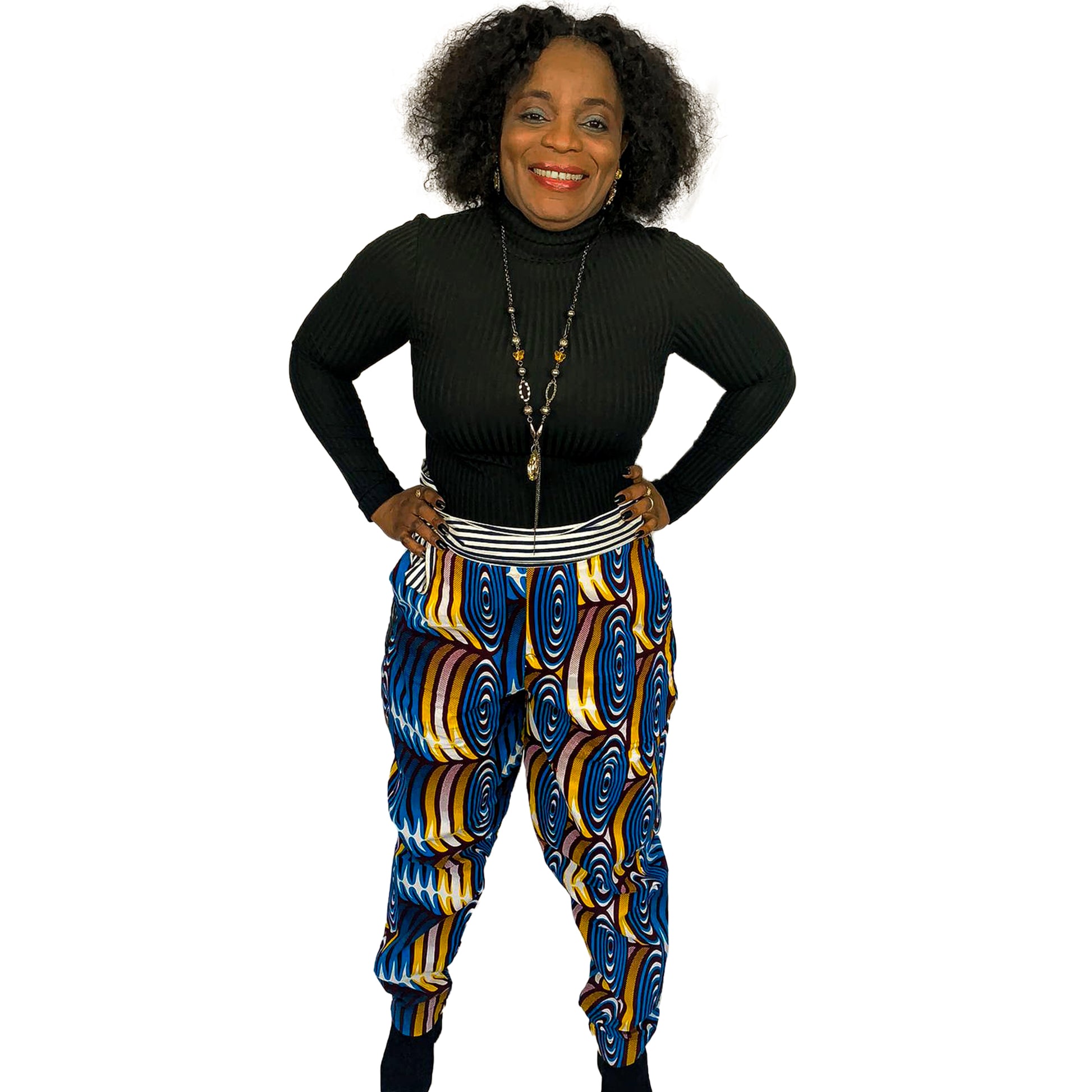 NAYO ANKARA PRINT PANT WITH  ATTACHABLE BLACK AND WHITE  STRIPE BELT - House of Jahzara