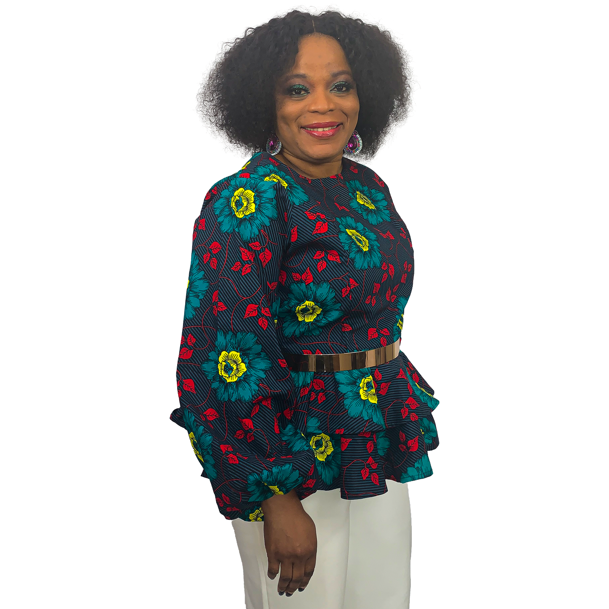 AISHA AFRICAN PRINT PEPLUM BLOUSE WITH LONG PUFF SLEEVE - House of Jahzara