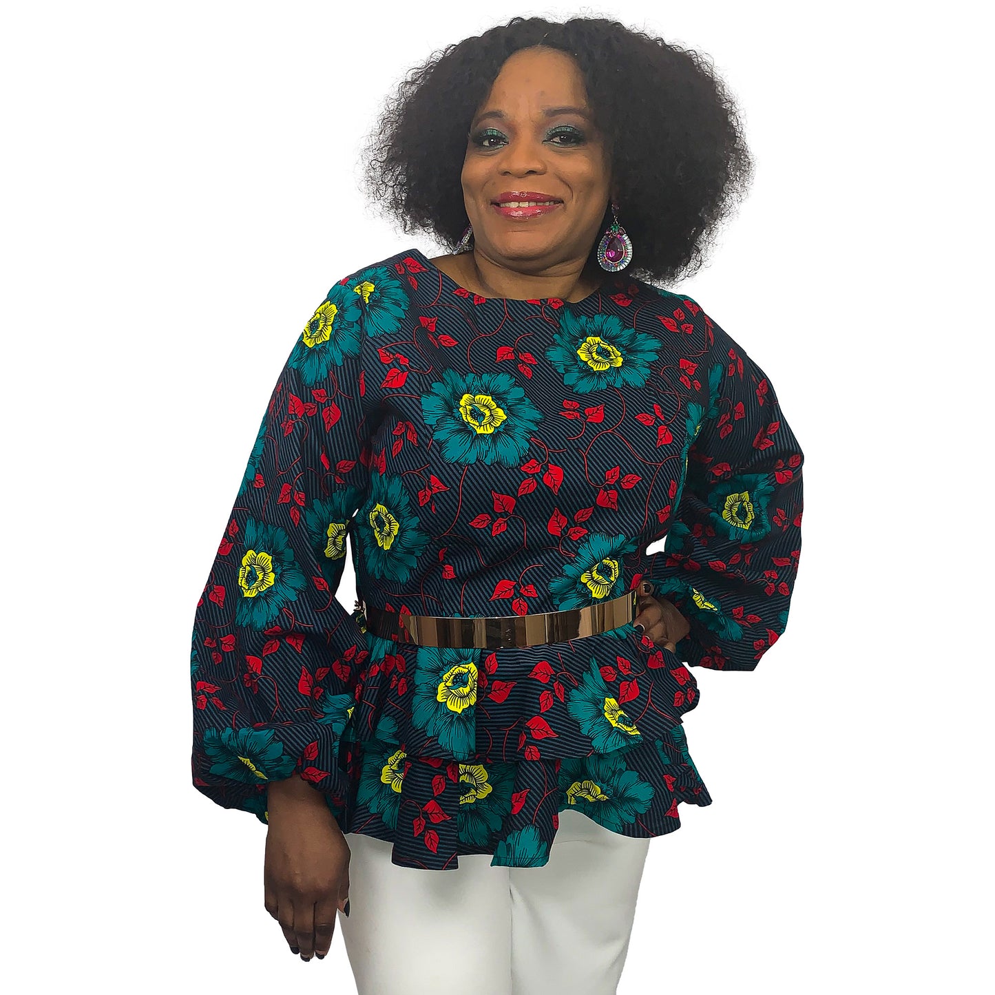 AISHA AFRICAN PRINT PEPLUM BLOUSE WITH LONG PUFF SLEEVE - House of Jahzara