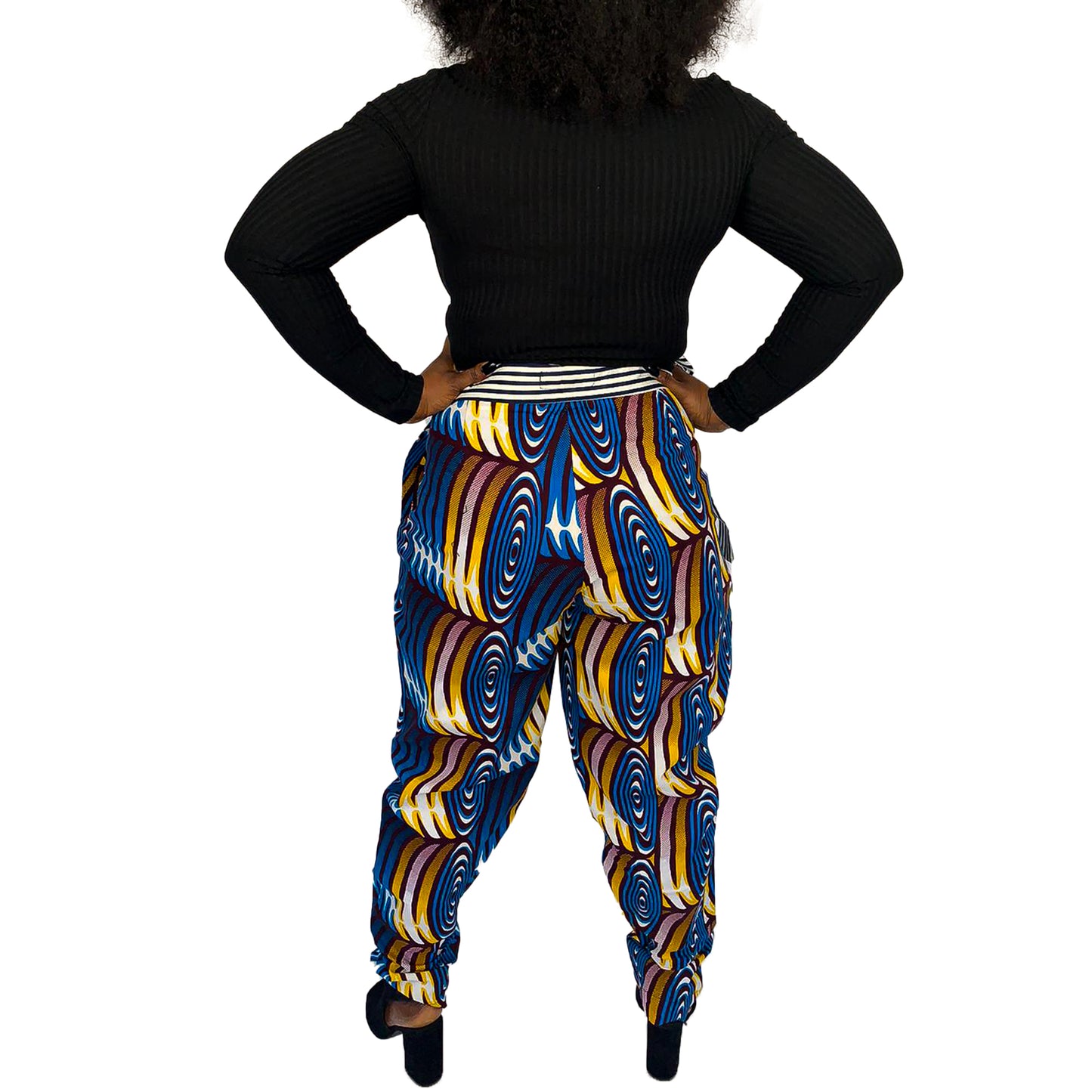 NAYO ANKARA PRINT PANT WITH  ATTACHABLE BLACK AND WHITE  STRIPE BELT - House of Jahzara